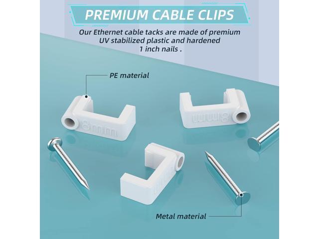 Cable Clips White - AOPOCKAN TECH 100 Pieces Ethernet Cable Clips with Steel Nails 8mm Cord Holder for Cat8 Cat7 Cat6 Round Ethernet Cable - 0.32 inch