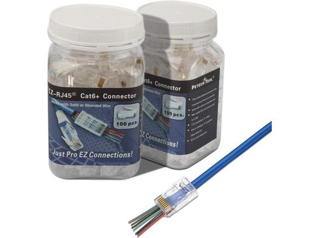 PETECHTOOL 100-Pack RJ45 CAT6A CAT6 Pass Through Connectors 23AWG Cables-End Bold UTP Ethernet 8P8C Gold Plated Modular Plug for Unshielded Twisted...