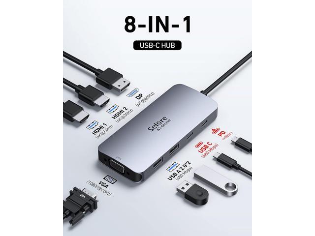 USB C Docking Station Dual HDMI Monitor Adapter, Selore USB C Hub 3 Monitors Adapter with Dual HDMI, Displayport, VGA, 100W PD Charging, 2USB A...