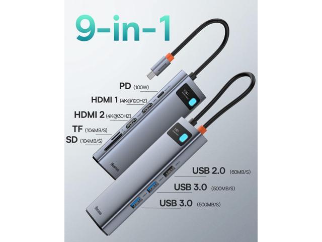 Baseus Laptop Docking Station Dual Monitor 4K@120Hz, 9 in 1 USB C Hub with 2 HDMI, 1000Mbps LAN, 100W PD, 3 USB, SD Card Reader, USB C Dock...