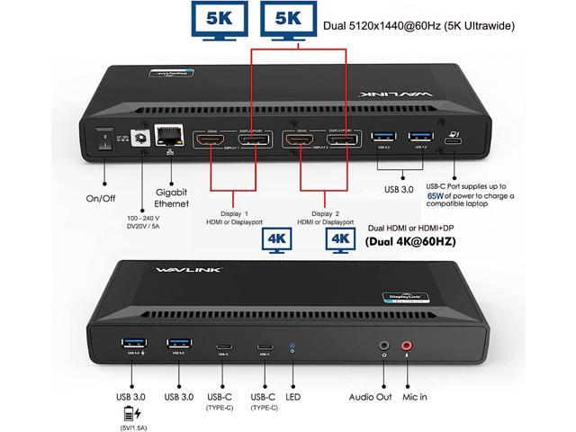 WAVLINK Universal USB C Laptop Docking Station Dual Monitors 5K/4K@60Hz with 65W Host Charging for Thunderbolt 4/3, USB-C Windows, Mac, Chrome,...