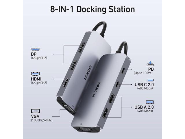 USB C Docking Station Dual DisplayPort, 8 in 1 USB C Hub with 2 DP, HDMI, VGA, USB C 2.0, 2 USB A 2.0, PD Charging Port, Multi Monitor Adapter for...
