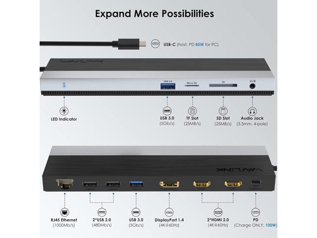 WAVLINK USB C Docking Station, USB C Dock Triple Display PD 85W Charging for Laptop,USB C Hub with DisplayPort, HDMI, USB 2.0/3.0, Gigabit...