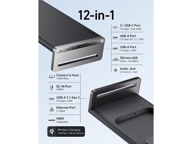 Anker 675 USB-C Docking Station (12-in-1, Monitor Stand, Wireless) with 10Gbps USB-C Ports, 4K@60Hz HDMI Display, Wireless Charging Pad, for Lenovo...