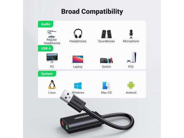 UGREEN USB to Audio Jack Sound Card Adapter with Dual TRS 3-Pole 3.5mm Headphone and Microphone USB to Aux 3.5mm External Audio Converter for...