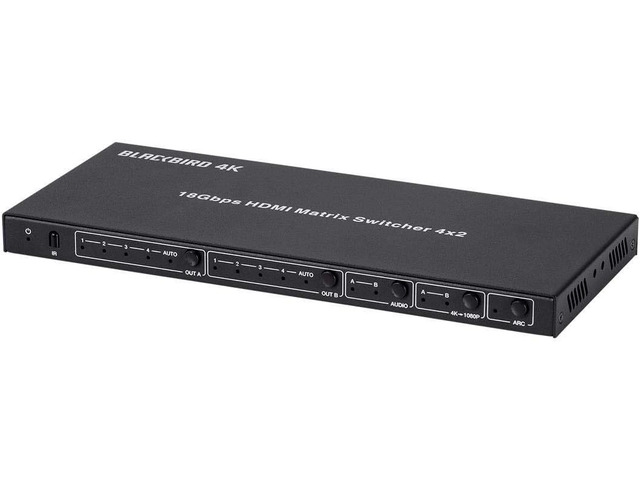 Monoprice Blackbird 4K HDMI Matrix 4x2 HDR 18G 4K@60Hz YCbCr 4:4:4 EDID Coaxial Audio Powered Switch Control Remote (139667)
