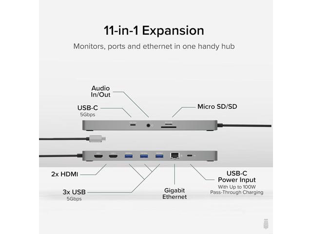Plugable 11-in-1 USB-C Hub, 100W USB-C Pass-Through, Laptop Docking Station Dual Monitor, 4K 60Hz HDMI, Compatible with Thunderbolt, Windows,...