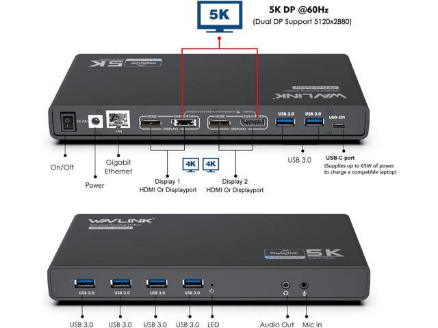 WAVLINK USB 3.0 Universal Laptop Docking Station with 65W Power Delivery, USB C 5K/ Dual 4K Dock Dual Monitor with 2 x HDMI & 2 DisplayPort,...