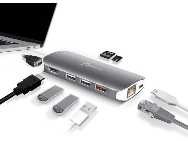 j5create USB C Hub Adapter Multi-Monitor 10-in-1 Port Docking Station 4K HDMI, VGA, Ethernet, USB 3.0, MicroSD, SD, USB-C 3.1 + Power Delivery ...