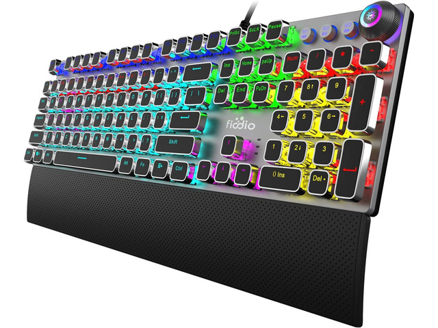 Fiodio Mechanical Gaming Keyboard, LED Rainbow Gaming Backlit, 104 Anti-ghosting Keys, Quick-Response Black Switches, Multimedia Control for PC and...