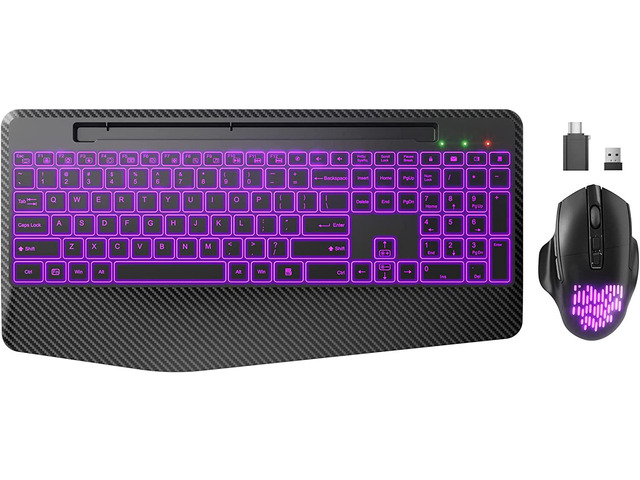 Wireless Keyboard and Mouse with 7 Color Backlit, Wrist Rest, Jiggler Mouse, Phone Holder, Rechargeable Ergonomic Quiet Light Up Full-Size Combo...