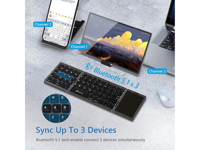 Acoucou Foldable Bluetooth Keyboard with Touchpad Portable Wireless (Sync Up to 3 Devices), Rechargeable Mini Wireless Bluetooth Tri-Folding...