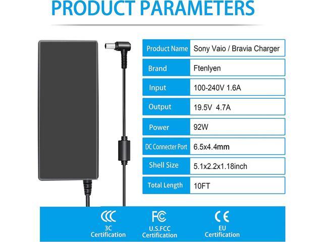 90W 19.5V 4.7A AC Adapter Laptop Charger Replacement for Sony Vaio PCG-3J1L VPCCW21FX VGN-CR240E VPCF236FM PCG-61A14L PCGA-AC19V10 VGP-AC19V10...