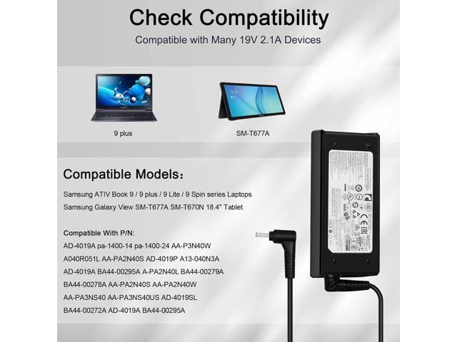40W AC Adapter Charger for Samsung ATIV Book 9/9 Plus/9 Lite/9 Spin, A13-040N2A, PA-1400-96, AD-4019A, 19.5V 2.1A, 3.0*1.0mm Connector