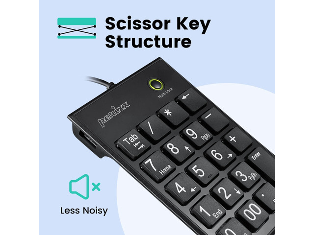 Perixx PERIPAD-202C Wired USB-C Slim Numeric Keypad - Scissor Keys with 2 USB-A Hubs and Tab Key - Compatible for Tablet, Laptop, & Desktop - Black