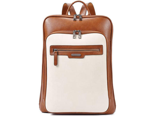 CLUCI Leather Laptop Backpack for Women 15.6 Inch Computer Travel Large Business Work Daypack Off-White with Brown