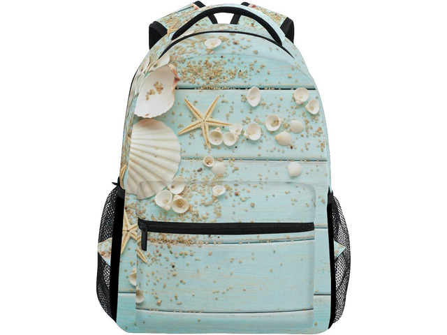 School Backpacks Book Bag for Boys Girls Travel Hiking Camping Daypack Work Laptop Backpack, Beach Ocean Theme Starfish Seashell Wooden Style