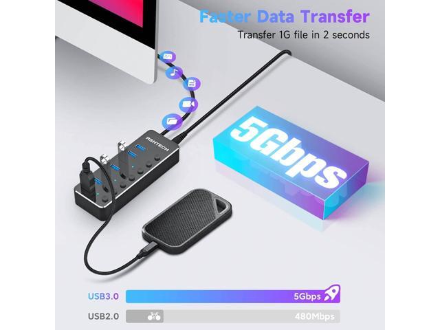 Powered UBS Hub, RSHTECH 7 Port USB 3.0/USB C Hub Upgraded Version Aluminum USB Hub with 2-in-1 USB Cable,5V 3A Power Adapter and Individual...