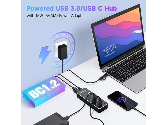 Powered UBS Hub, RSHTECH 7 Port USB 3.0/USB C Hub Upgraded Version Aluminum USB Hub with 2-in-1 USB Cable,5V 3A Power Adapter and Individual...