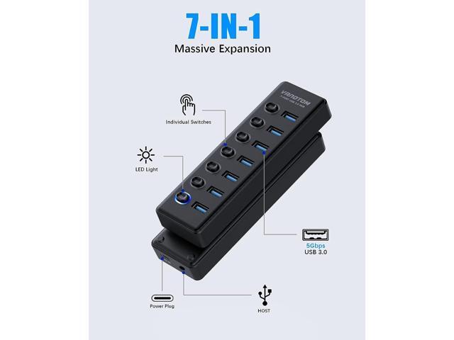 USB 3.0 Hub, 7-Port USB Hub Splitter with LED Individual On/Off Switches and 3ft Extended Long Cable for Laptop, MacBook, Surface Pro, PS4/5, Flash...