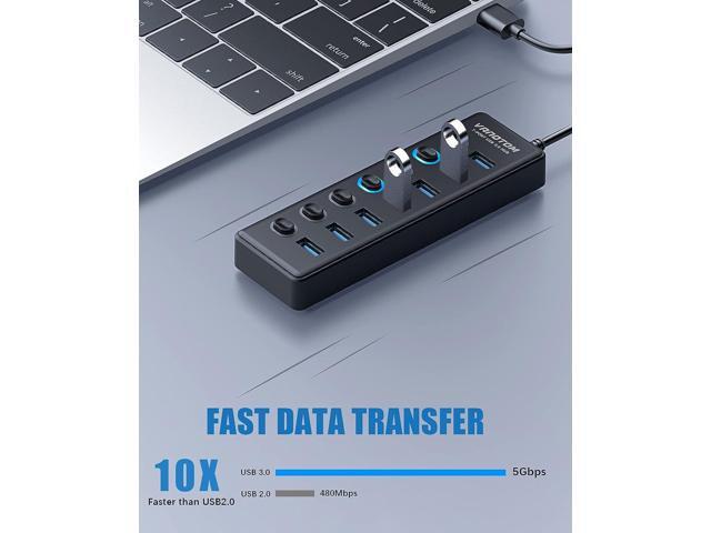 USB 3.0 Hub, 7-Port USB Hub Splitter with LED Individual On/Off Switches and 3ft Extended Long Cable for Laptop, MacBook, Surface Pro, PS4/5, Flash...