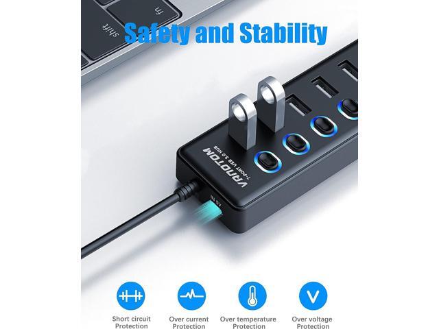 USB 3.0 Hub, 7-Port USB Hub Splitter with LED Individual On/Off Switches and 3ft Extended Long Cable for Laptop, MacBook, Surface Pro, PS4/5, Flash...
