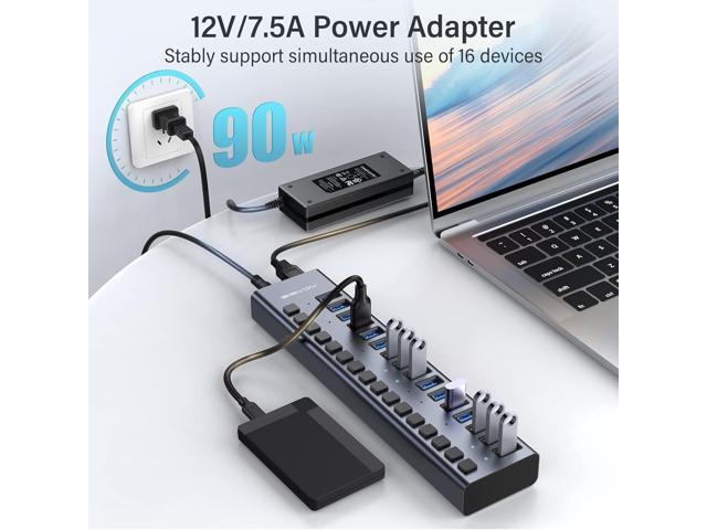 ACASIS Powered USB Hub,16 Ports USB 3.0 Data Hub, Individual On/Off Switches, 12V7.5A 90W Power Adapter, USB Hub 3.0 Splitter Extension for...
