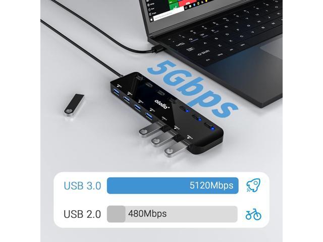7-Port USB 3.0 Hub Splitter, USB Extender Ultra Slim Data USB Hub with Individual Power Switch and LEDs