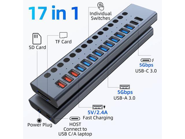Powered USB Hub, VANGREE 17-Port 90W USB 3.0 Splitter (10 USB 3.0 Ports+3 2.4A Charging Ports+2 USB-C 3.0 Ports+SD/TF Card Reader), Individual...