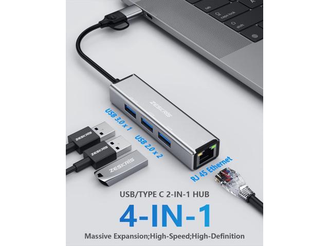 USB C Hub, ZESKRIS 4-Port USB 3.0 Hub USB C Adapter Splitter with 1 USB 3.0, 2 USB 2.0, RJ45 Ethernet for MacBook Pro/Air, Mac Dongle, Laptop,...