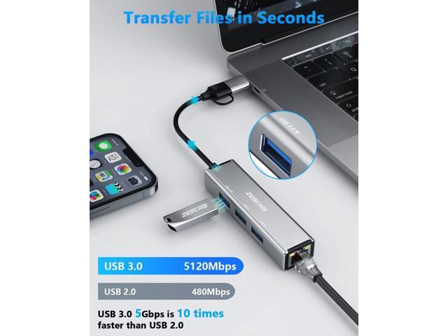 USB C Hub, ZESKRIS 4-Port USB 3.0 Hub USB C Adapter Splitter with 1 USB 3.0, 2 USB 2.0, RJ45 Ethernet for MacBook Pro/Air, Mac Dongle, Laptop,...