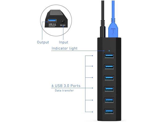 USB Hub, Aiibe 6 Ports Super High Speed USB 3.0 Hub Splitter + 10W Power Adapter + USB 3.0 Cable, Black Smart Fast Charger Powered USB Hub for...