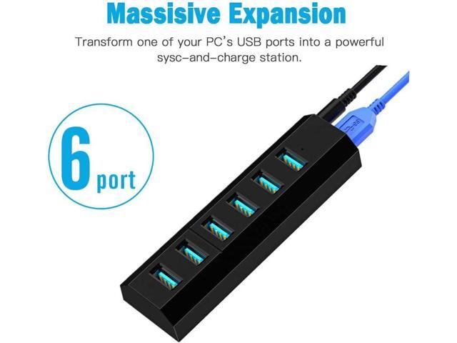 USB Hub, Aiibe 6 Ports Super High Speed USB 3.0 Hub Splitter + 10W Power Adapter + USB 3.0 Cable, Black Smart Fast Charger Powered USB Hub for...