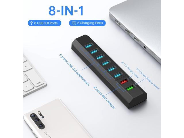 Powered USB Hub, Aiibe 8-Port USB Hub 3.0 Powered USB Splitter with 2 Fast Charging Ports + 12V/3A Power Adapter + USB 3.0 Cable, USB Hub Powered...