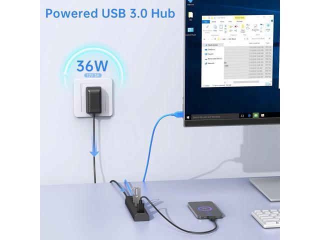 Powered USB Hub, Aiibe 8-Port USB Hub 3.0 Powered USB Splitter with 2 Fast Charging Ports + 12V/3A Power Adapter + USB 3.0 Cable, USB Hub Powered...