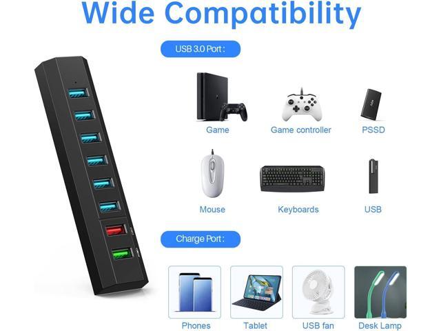 Powered USB Hub, Aiibe 8-Port USB Hub 3.0 Powered USB Splitter with 2 Fast Charging Ports + 12V/3A Power Adapter + USB 3.0 Cable, USB Hub Powered...