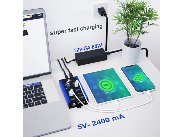 10 Ports Powered USB Hub - USB 3 0 Hub - USB Expander Hub 12V 5A 60W 2.4mA Power Adapter - up to 5Gbps High-Speed USB Splitter - Aluminum Alloy...
