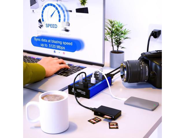 10 Ports Powered USB Hub - USB 3 0 Hub - USB Expander Hub 12V 5A 60W 2.4mA Power Adapter - up to 5Gbps High-Speed USB Splitter - Aluminum Alloy...