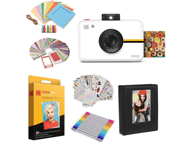 Kodak Step Instant Camera with 10MP Image Sensor, Zink Zero Ink Technology (White) Bundle: Photo Album, Case, 20 Pack Zink Paper, Markers, Stickers.