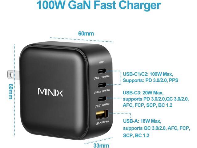 MINIX NEO P3 100W Turbo 4-Ports GaN Wall Charger, 3 x USB-C Port Fast Charging Adapter(Max 100W/20W), 1 USB-A (Max 18W). Compatible with MacBook...