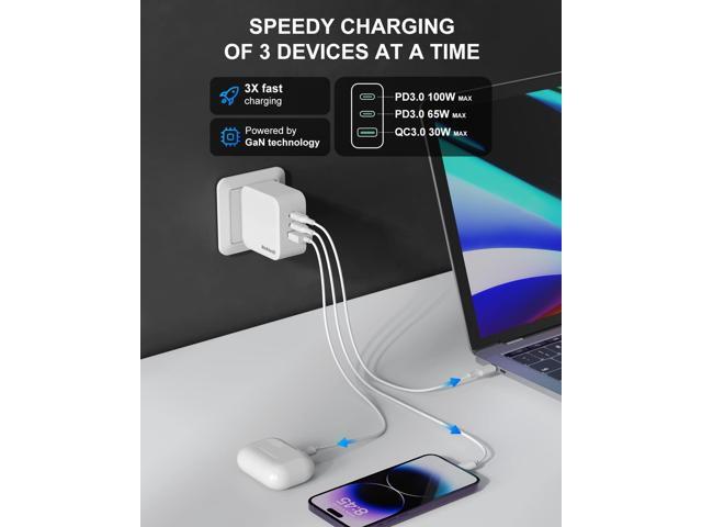 Nekteck GaN Charger 100W USB C Charger 3-Ports with PD.3 and QC.3, Compact Fast Foldable Wall Charger for iPhone 15 Series, MacBook Pro/Air, Google...