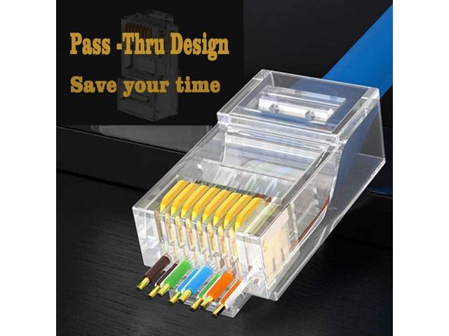 RJ45 Cat6 Cat5e Pass Through Connectors 100 Packs Gold Plated 3 Prong 8P8C Modular Ethernet UTP Network Cable Plug for Unshielded Twisted Pair...