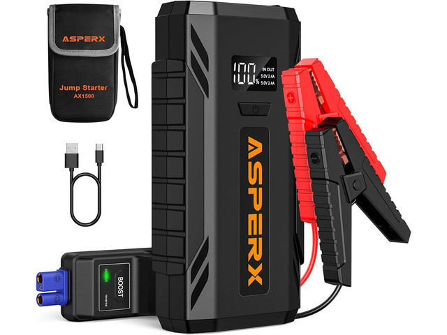 ASPERX Car Jump Starter, 1500A Peak Battery Starter for Up to 7.0L Gas or 5.5L Diesel Engine, 12V Portable Power Pack with 1.4 INCH LCD Display