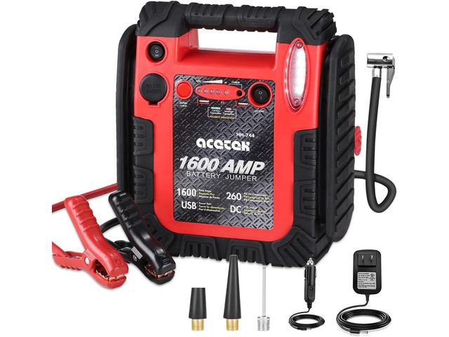1600 Amp Jump Starter with Air Compressor, acetek Car Battery Charger 260 PSI Tire Inflator, 20000mAh 12V Auto Lead-Acid Battery Booster (Up to 6L...
