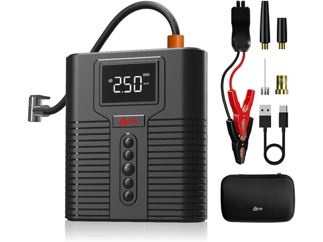 Arzin STP12 1200A Peak Portable Air Compressor with Jump Starter, 12000 mAH battery, 150 PSI with digital tire Inflator, Powerbank, Car booster for...
