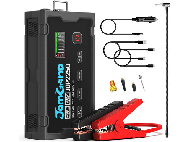 JOMGAND JQP2250 Jump Starter with Air Compressor, 2250A 12V Car Lithium Battery Booster Pack Jump Box with 150PSI Tire Inflator, PD 60W Two-Way...