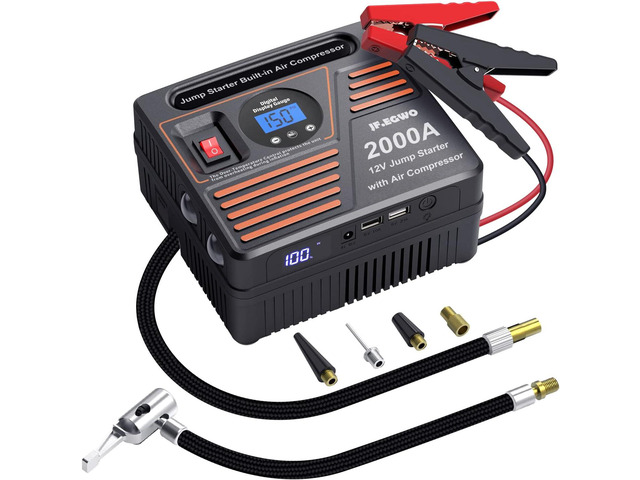 JF. EGWO 2000A Car Jump Starter with Air Compressor, 22000mAh Battery Booster (Up to 8.5L Gas or 8.0L Diesel Engine) &150 PSI Tire Inflator,...