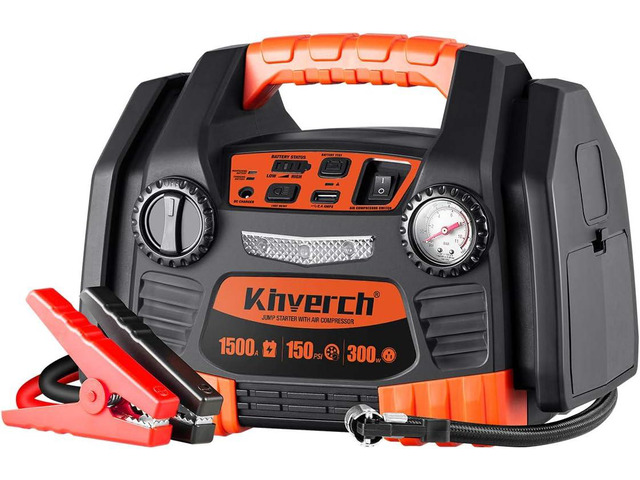Kinverch Car Jump Starter 1500A Peak /750 Instant Amp, 12V Auto Battery Booster Portable Power Station Jumper Starter with 150 PSI Air Compressor...