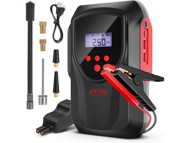 FORYOU Car Jump Starter with Air Compressor, 2000A 12-Volt Jumper Cables Jump Starter Box Car Battery Booster Pack (Up to 6-Liter Gasoline and...