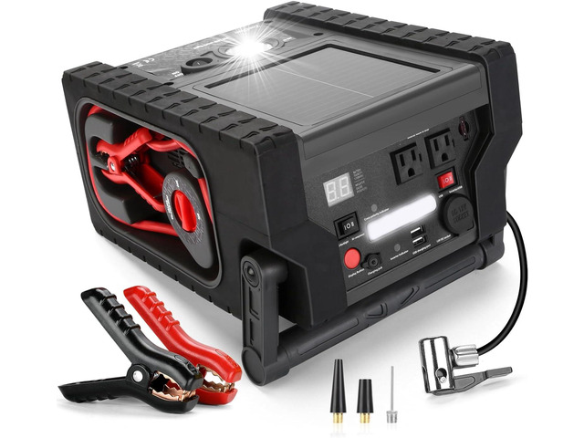 ZunDian ZD-529 Solar Portable Power Station 2000 Amps Jump Starter, 260 PSI Air Compressor, 12V Car Battery Charger with 400W Inverter Dual...